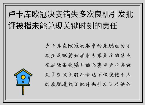 卢卡库欧冠决赛错失多次良机引发批评被指未能兑现关键时刻的责任